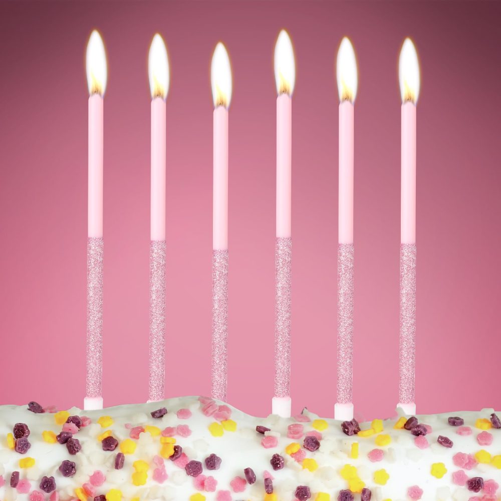 Pink Birthday Candles for Cake,Happy Birthday Party Candles, Sparkle Long Candle, Shining Pink Candles, Glitter Tall Candles Birthday, Pink Cake Decorations, Baby Showers, Wedding Anniversary - Image 2