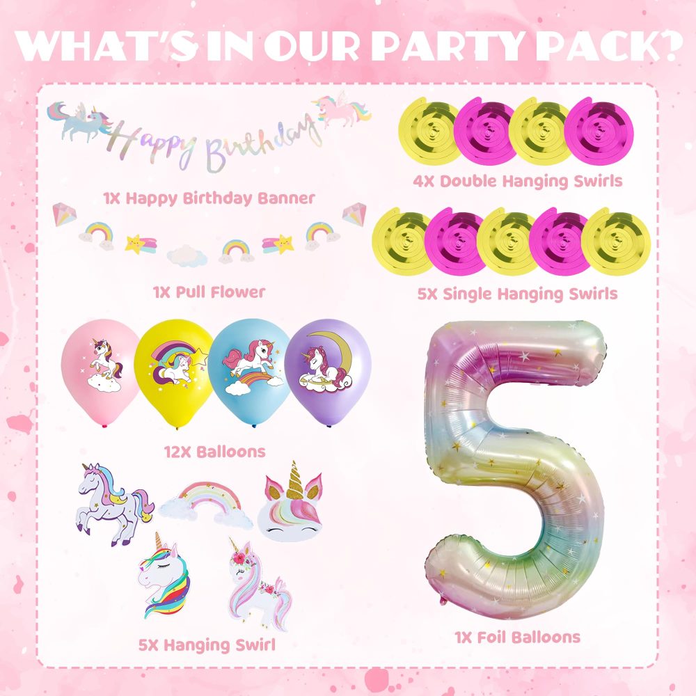 Unicorn 5th Birthday Decorations Girl - 24 Pieces Unicorn Party Decorations, Happy Birthday Banner, Number 5 Foil Balloon, Pull Flower, Hanging Swirl, Unicorn Birthday Party Supplies for Kids Girls - Image 7