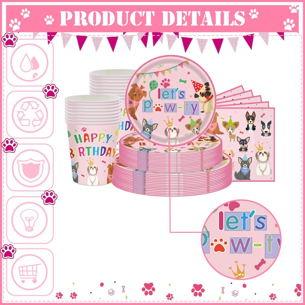 16p Paw Print Puppy Dog Birthday Paper Plates 7" Pink,Girl Dog Birthday Disposable Dinnerwarer Plates,Pet Dog Party Tableware Paper Plates for Girl Puppy Dogs Theme Birthday Party Decorations Supplies - Image 2