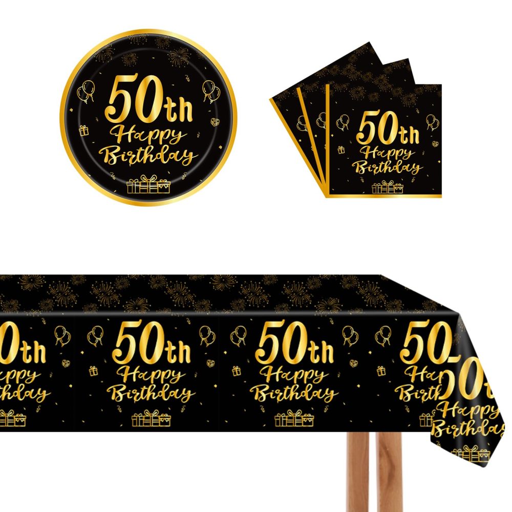 41 Pcs Black Gold 50th Birthday Tableware Set,50th Happy Birthday Disposable Supplies, Black Gold 9 Inch Paper Plates Napkins Tableware Set, for Women Gifts Party Supplies Table Decoration