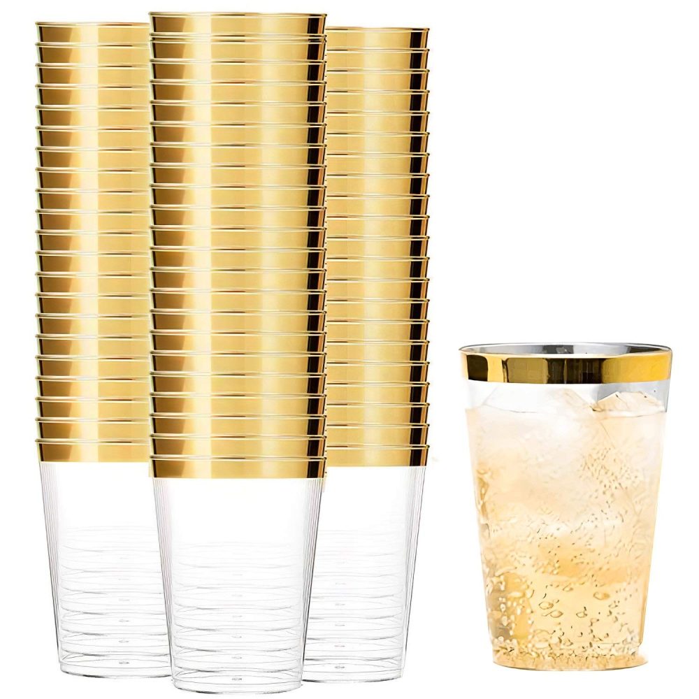 Tebery 100 Pack 12oz Gold Rimmed Plastic Cups, 360ml Clear Crystal Plastic Tumblers Cups, Resuable Plastic Shot Glasses, Wedding Cups Elegant Party Cups