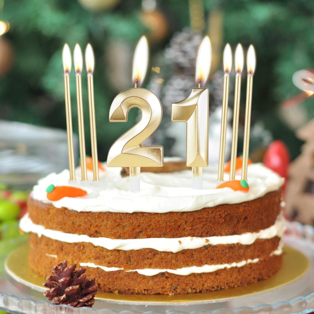 Golden 21st Birthday Cake Candle, Birthday Number Candle with 6 Long Candles, 21th Birthday Candle Set, Golden Candle Cake Topper for Cake Candle Decoration Birthday Party Wedding Anniversary - Image 5