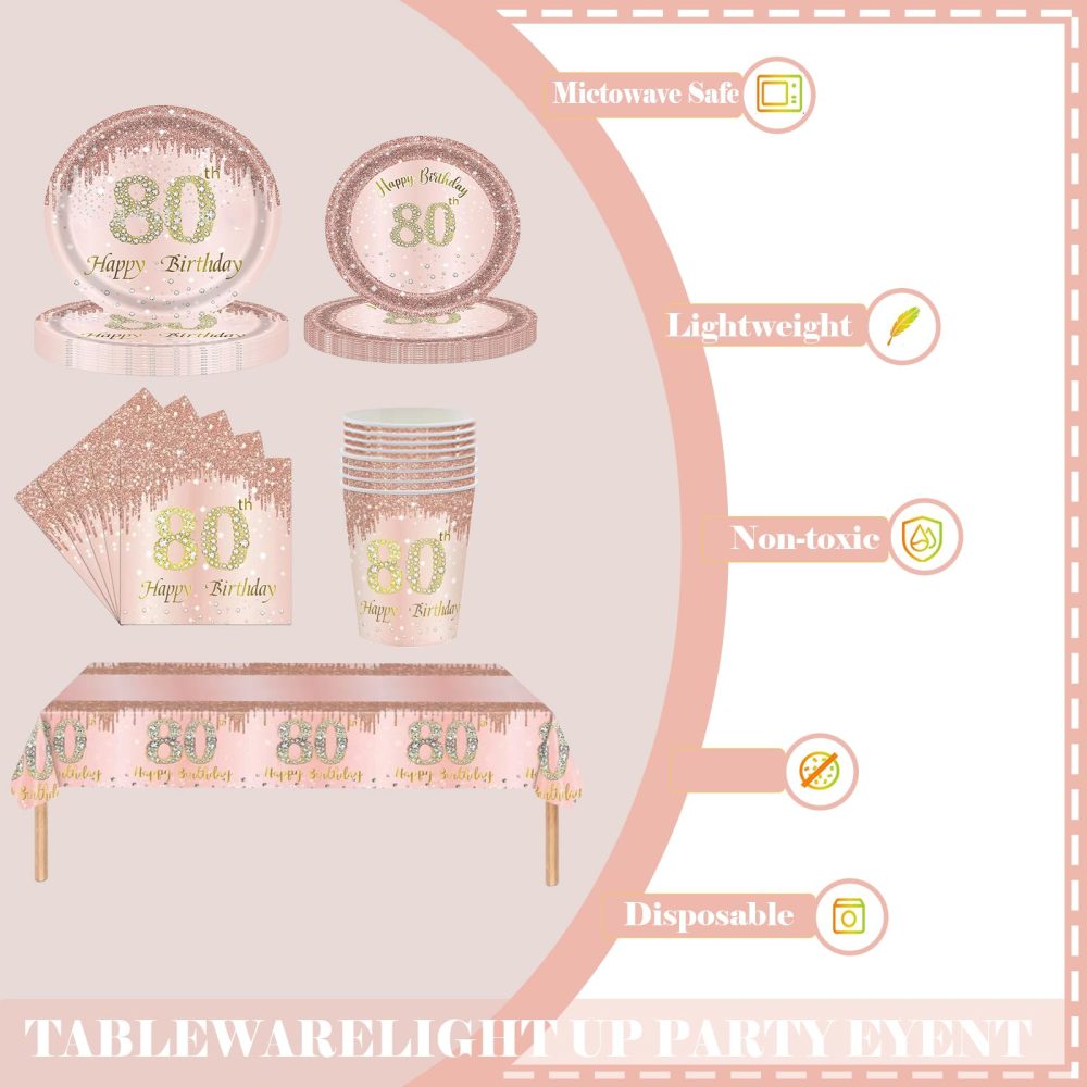 69pcs Rose Gold 80th Birthday Decorations,Happy 80th Birthday Tablecloth,Paper Plates,Napkins Serviettes and Cups Sets for 80th Birthday Table Decorations for Women,Men,Him,Her 80th Birthday Gifts - Image 6