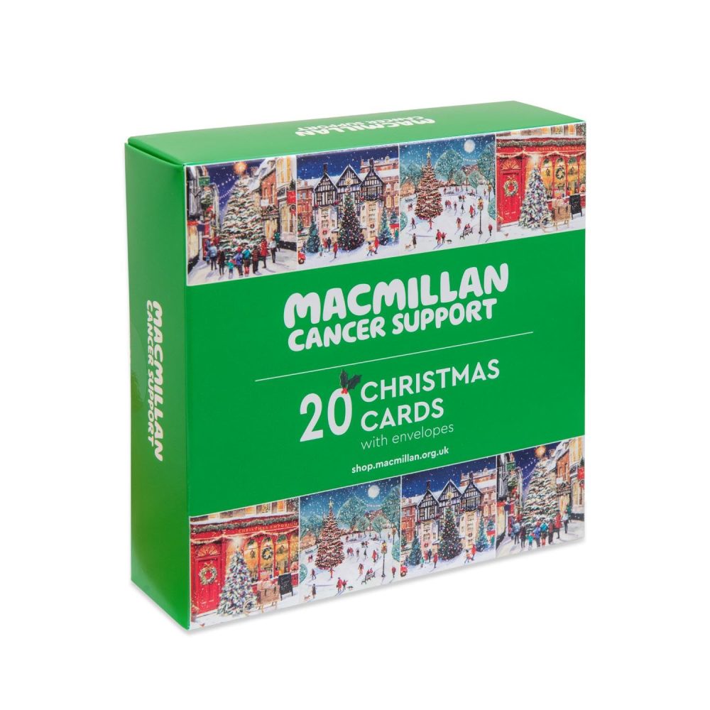 Macmillan Village Scenes Charity Christmas Cards – Pack of 20 Luxury and Eco-Friendly Christmas Cards. Boxed Multipack of 4 Seasonal Christmas Designs. 127x127mm Card Size.