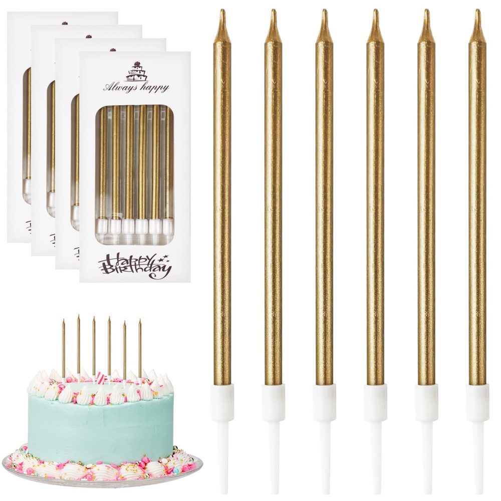 DONQL Birthday Cake Candles 24PCS, Tall Cake Candles, Long Birthday Candles, Thin Cupcake Candles with Holders for Birthday Cake Baby Shower Cake Wedding Party Decoration (24Pcs Champagne)