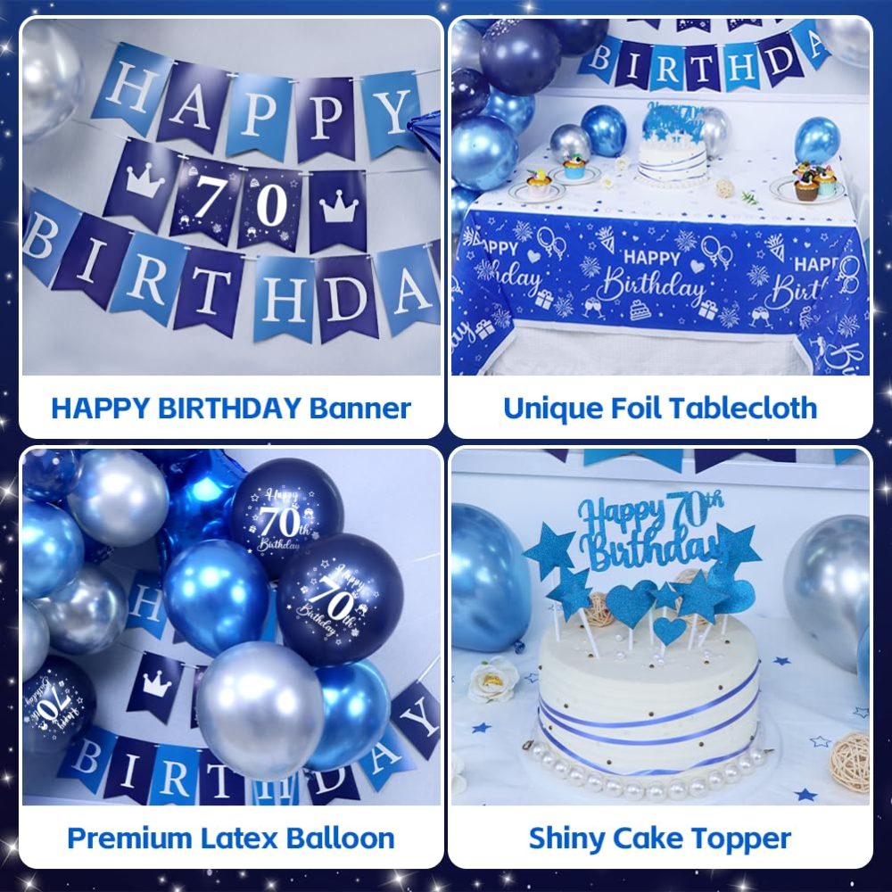 70th Birthday Party Decorations Men,Royal Blue Balloon Arch Kit with Happy Birthday Banner,Cake Topper,Tablecloth,Foil Confetti Balloon,Large Number 70 Balloon,Chrome Blue Silver Balloons - Image 6