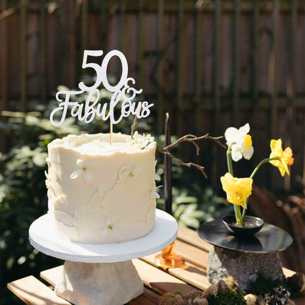 Blumomon 3Pcs 50 & Fabulous Cake Toppers Silver Glitter 50 Birthday Anniversary Cake Toppers for 50 Birthday Anniversary Party Decorations Happy 50th Birthday Cake Decorations Supplies - Image 2