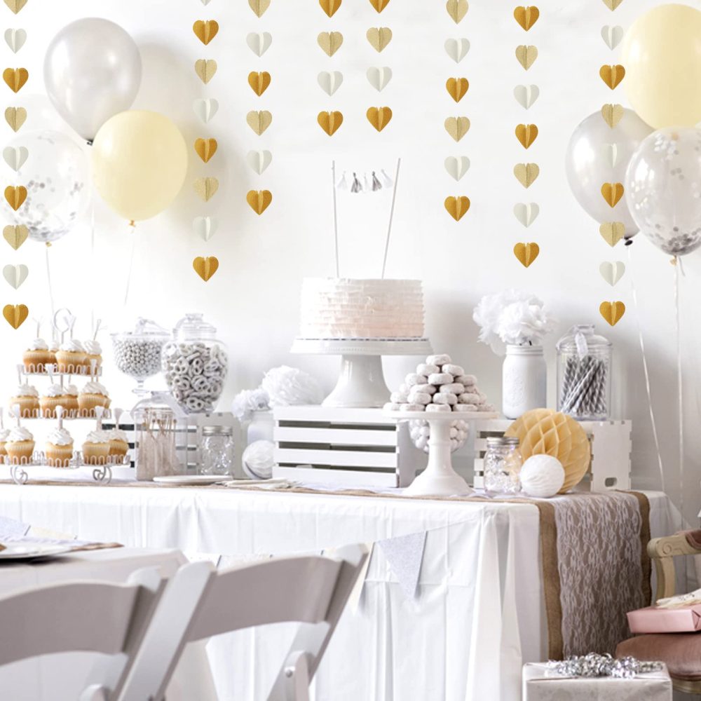White-Gold Champagne Gold 3D-Heart Garland - 39Ft Christmas Wedding Engagement Hanging Decoration Streamers Banner,Bachelorette Neutral Baby Bridal Shower Valentines Party Decor Lasting Surprise - Image 6