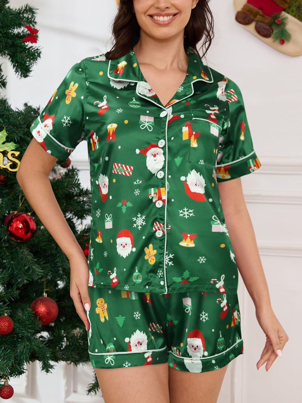 MyFav Women's Silk Satin Christmas Pyjamas Funny Print Short Sleeve Sleepwear Soft Button Down Pj Set 2 Piece Lounge Sets,Santa Claus,M - Image 4