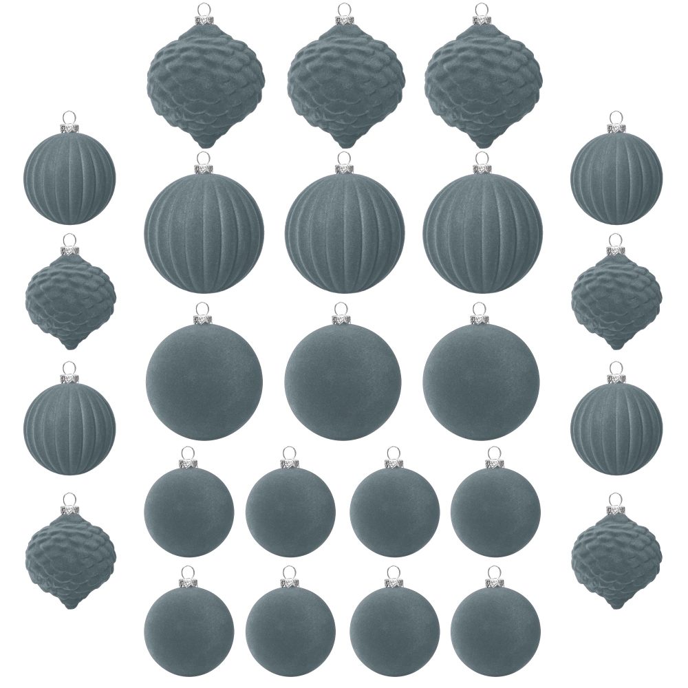 KI Store Grey Velvet Christmas Baubles 25pcs Shatterproof Flocked Christmas Tree Ornaments Assorted for Xmas Tree Decorations