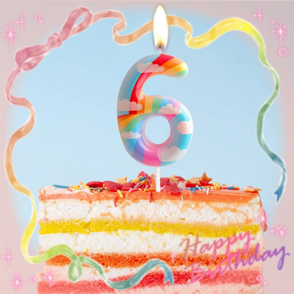 6th Birthday Candles Number 6 Pink Rainbow Birthday Party Cloud Rainbow Theme Adorable Design for Baby Girl Boy Birthday Cake Topper, Graduation Celebration Anniversary Wedding Decorations - Image 3