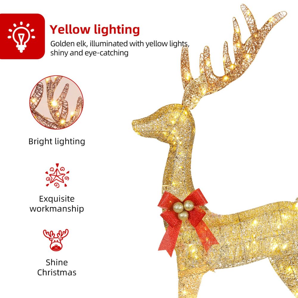 HOYECHI Lighted Christmas Decoration Deer 3 Piece, Light up Christmas Decor Reindeer Family Set for Indoor Outdoor Front Yard Porch with LED Lights, Plug, Extension Cord, Ground Stakes - Gold - Image 7