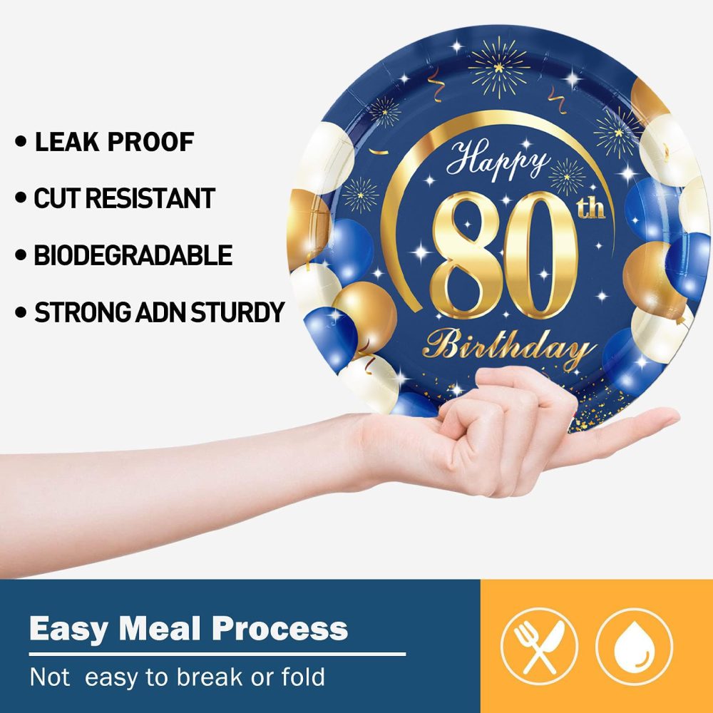 MORAINJAY 16Pcs Birthday Plates for 80,Navy Blue 7inch Paper Plates for 80th Birthday Party, Small Paper Plates for Men Women Her Him,Birthday Party Supplies Table Decor - Image 4