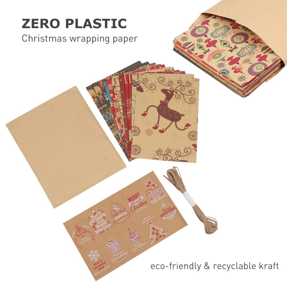 Christmas Wrapping Paper, 12 Pack Recyclable Kraft Paper 70x50CM in Folded Sheets with 10 Unique Designs (Bonus 16 Feet Jute String and 10 Tags) - Image 8