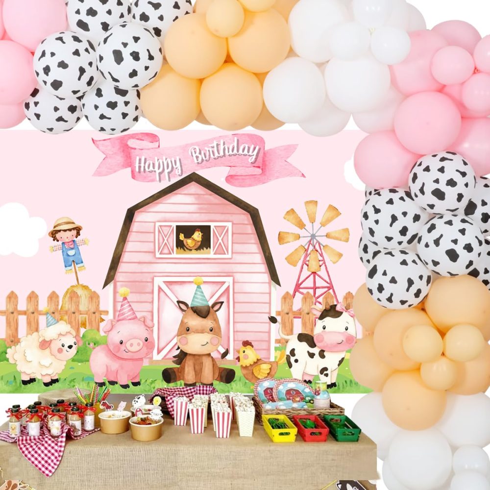 JOYMEMO Farm Animals Birthday Decorations for Girls, Cow Print Pink Balloon Garland Arch Kit, Farmhouse Barnyard Party Supplies with Backdrop for 1st 2nd Birthday