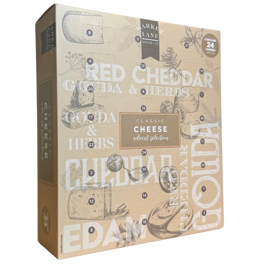 Classic Cheese Advent Calendar Selection 2024 by Market Lane Food Co - 24 Individually Wrapped Cheese Board Selection - Contains a Variety of Cheddar, Edam & Gouda - Christmas Advent Gift for Adults