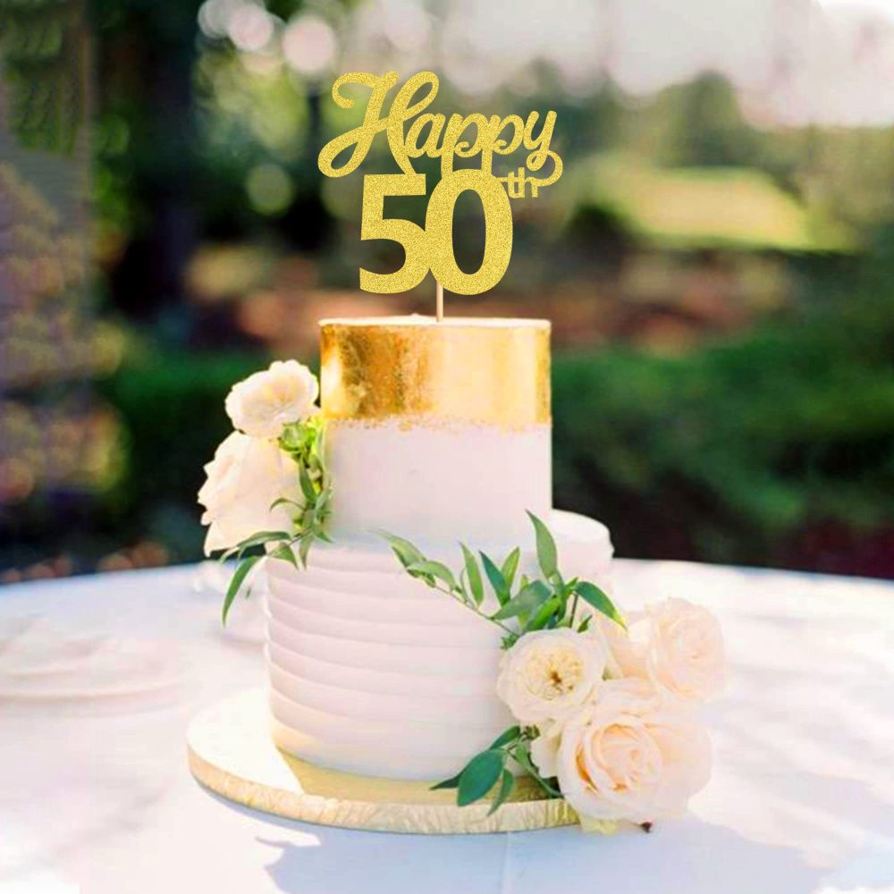 Blumomon 3Pcs Happy 50th Cake Topper Gold Glitter Number 50 Fifty Birthday Cake Pick Decorations for Cheers to 50 Years Old 50th Birthday Wedding Anniversary Party Supplies - Image 2