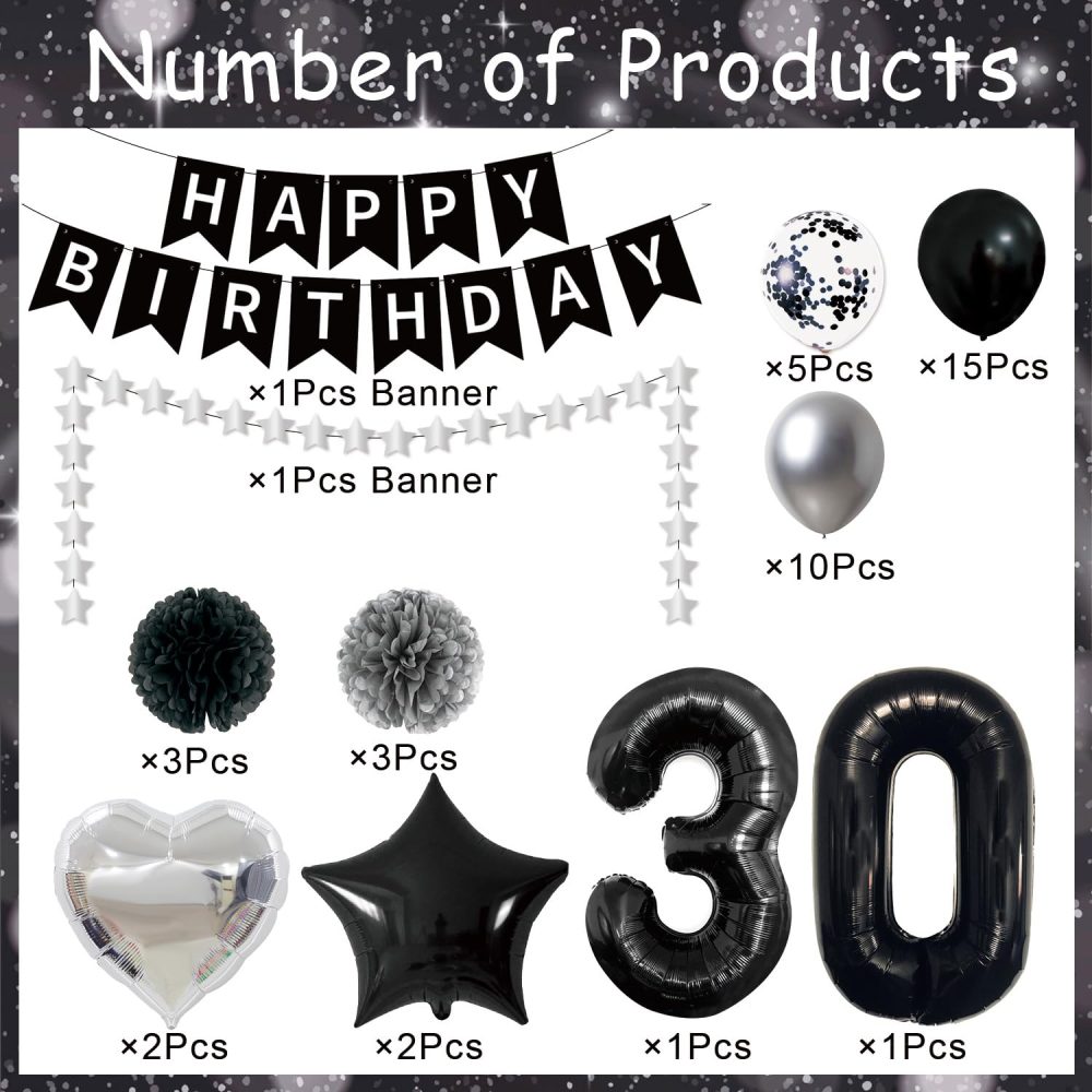 Afritee 30th Birthday Balloon Decorations - Black and Silver Happy Birthday Balloons for Men Women Happy 30th Birthday Banner Large 40" 30 Foil Balloons Cool 30th Birthday Balloons Set Supplies - Image 5