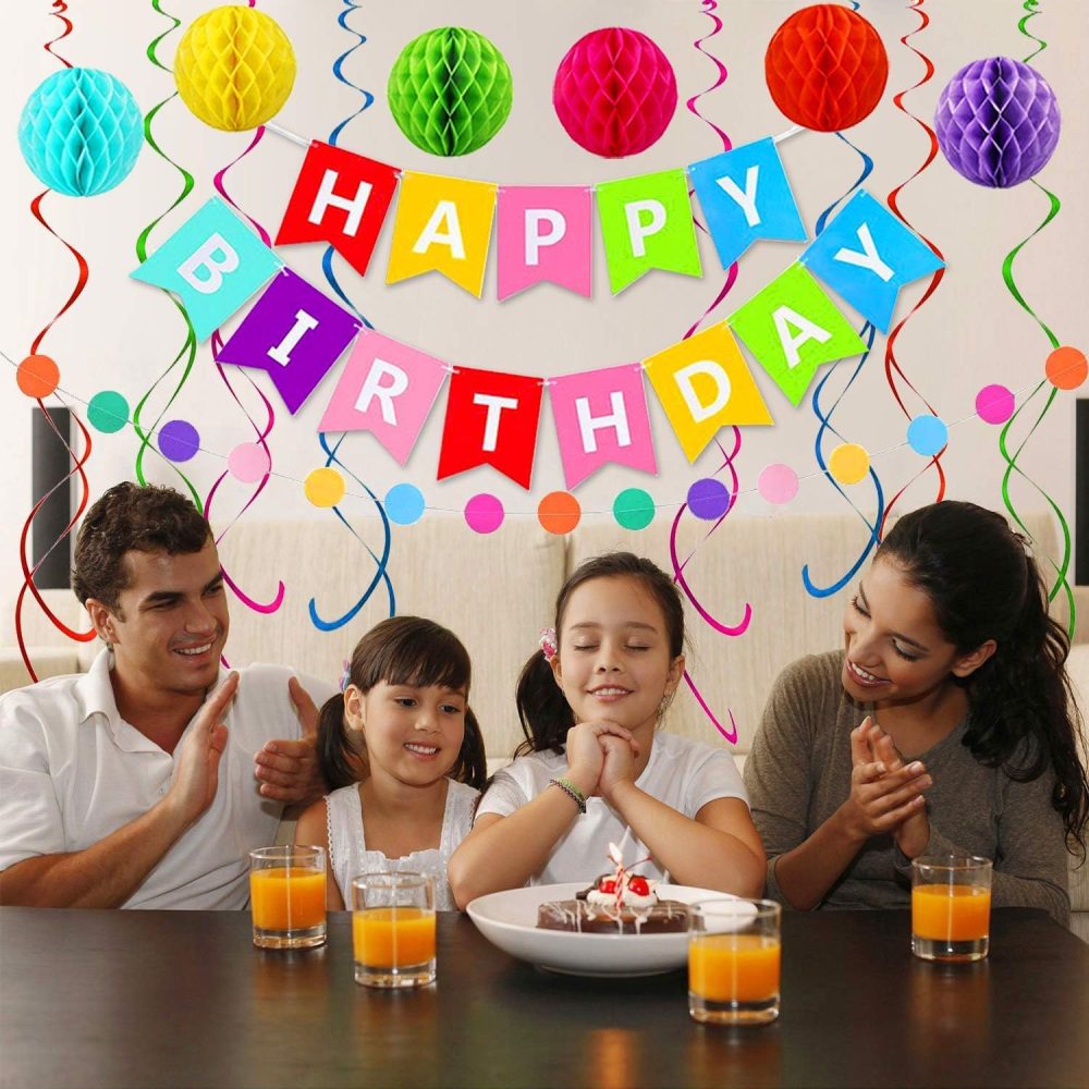Birthday Party Decorations, Rainbow Happy Birthday Decorations Set, Happy Birthday Banner, Bunting, Metallic Hanging Swirls, Circle Parper Garland, Honeycomb Decorations Set for Girls and Womens - Image 2