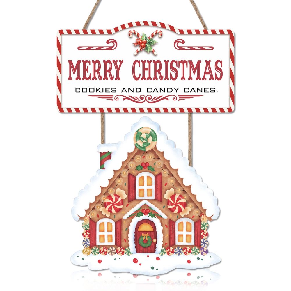 LHIUEM Merry Christmas Gingerbread House Decor for Christmas Wooden Sign Decorations (17x12inch) Xmas Candy Canes Wall Art,Winter Party Hanging Door Sign for Home Festival Porch Front Door Decor