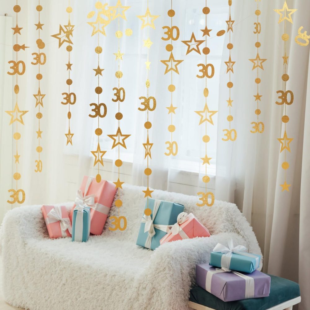 4 Pcs Gold 30th Birthday Decorations Garlands 3m Dot Twinkle Star Birthday Banner Hanging Decorations for Womens Mens 30 Year Old Birthday Cheers to Thirty Years Anniversary Party Supplies - Image 3
