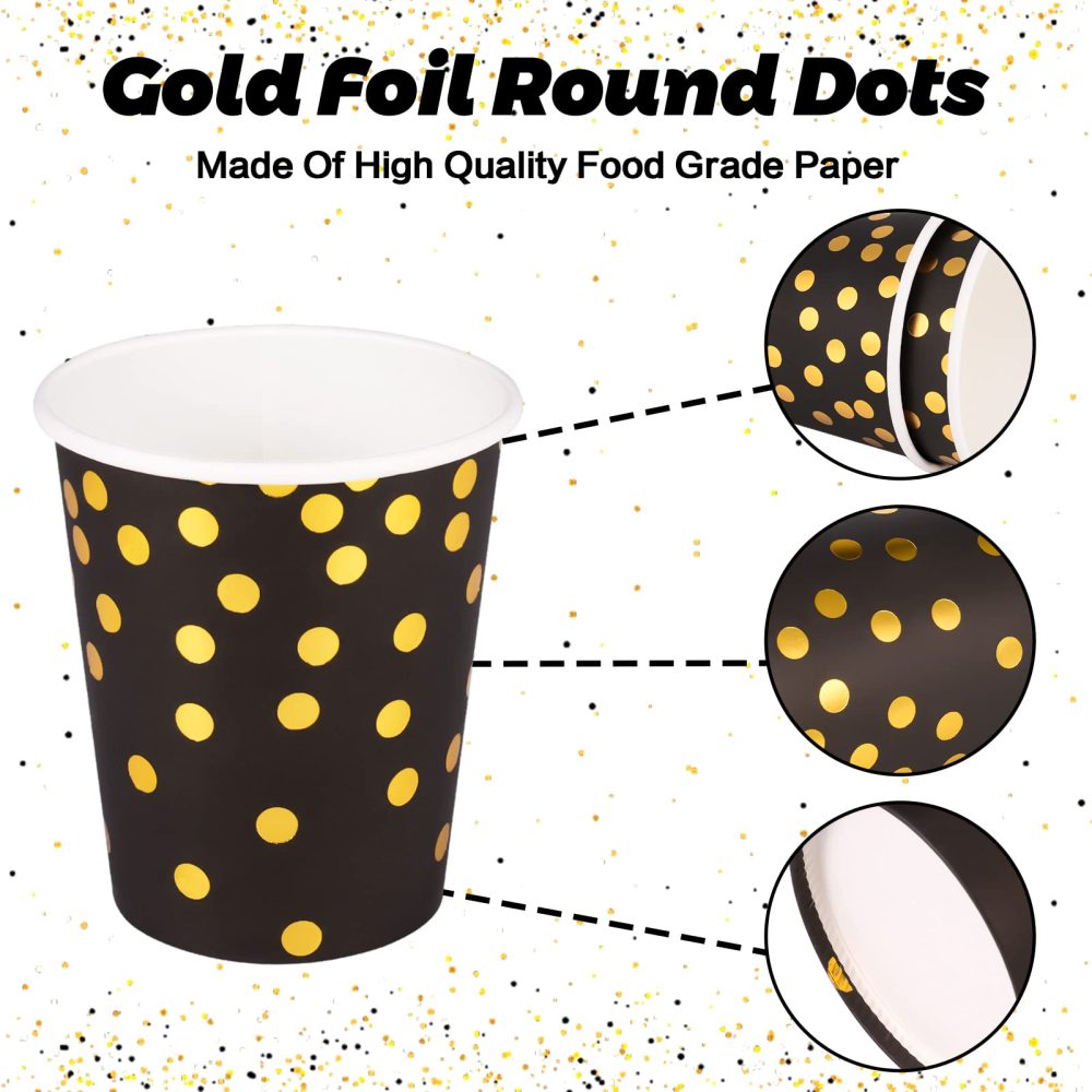 Pinenuts 60 Pieces Gold Polka Dot Paper Cups 9 Ounces Party Cups, Disposable Drinking Cups, Biodegradable for Halloween Christmas Holiday Wedding Party(Black) - Image 6