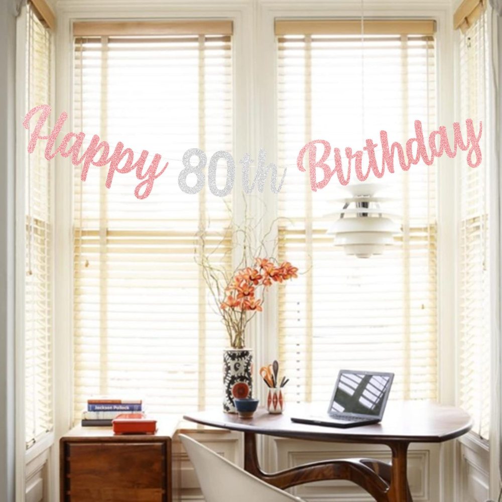 bng-bng 80th Birthday Banner Happy 80th Birthday Bunting Rose Gold Glitter Large Hanging Letter Banner for Women Lady 80 Eighty years old Birthday Anniversary Party Decorations - Image 2