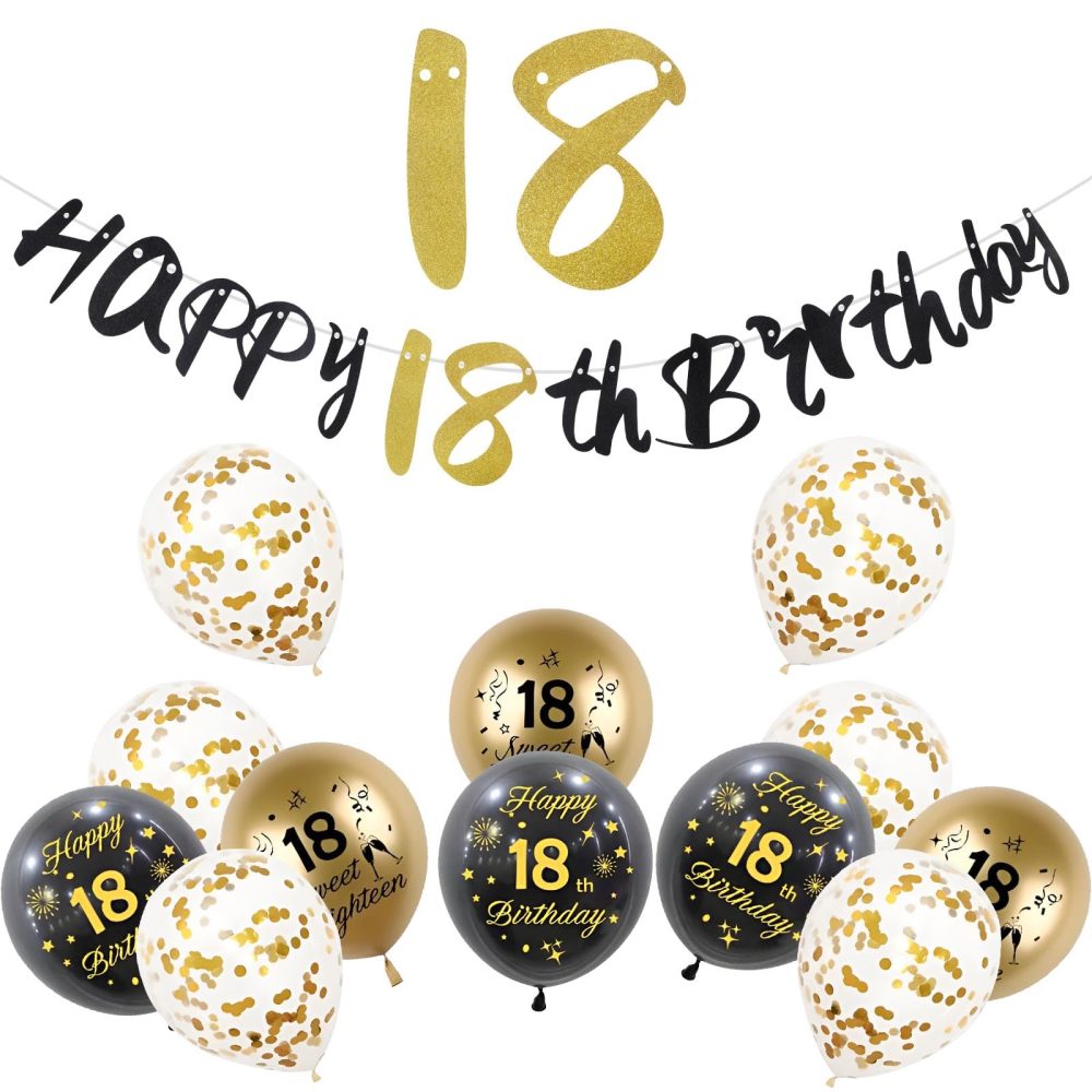 18th Birthday Decorations for Him,Black Gold Birthday Decoration Kit Incloud 10 Pcs Black Gold Happy 18th Birthday Latex Confetti Balloons 18th Birthday Banners for Boys Girls 18th Birthday Supplies - Image 2