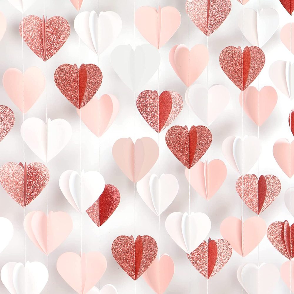 Rose-Gold Pink White 3D-Heart Garland - 39Ft Valentines Day Party Decorations Hanging Paper Streamers Banner,Engagement Wedding Bachelorette Baby Bridal Shower Decor Lasting Surprise