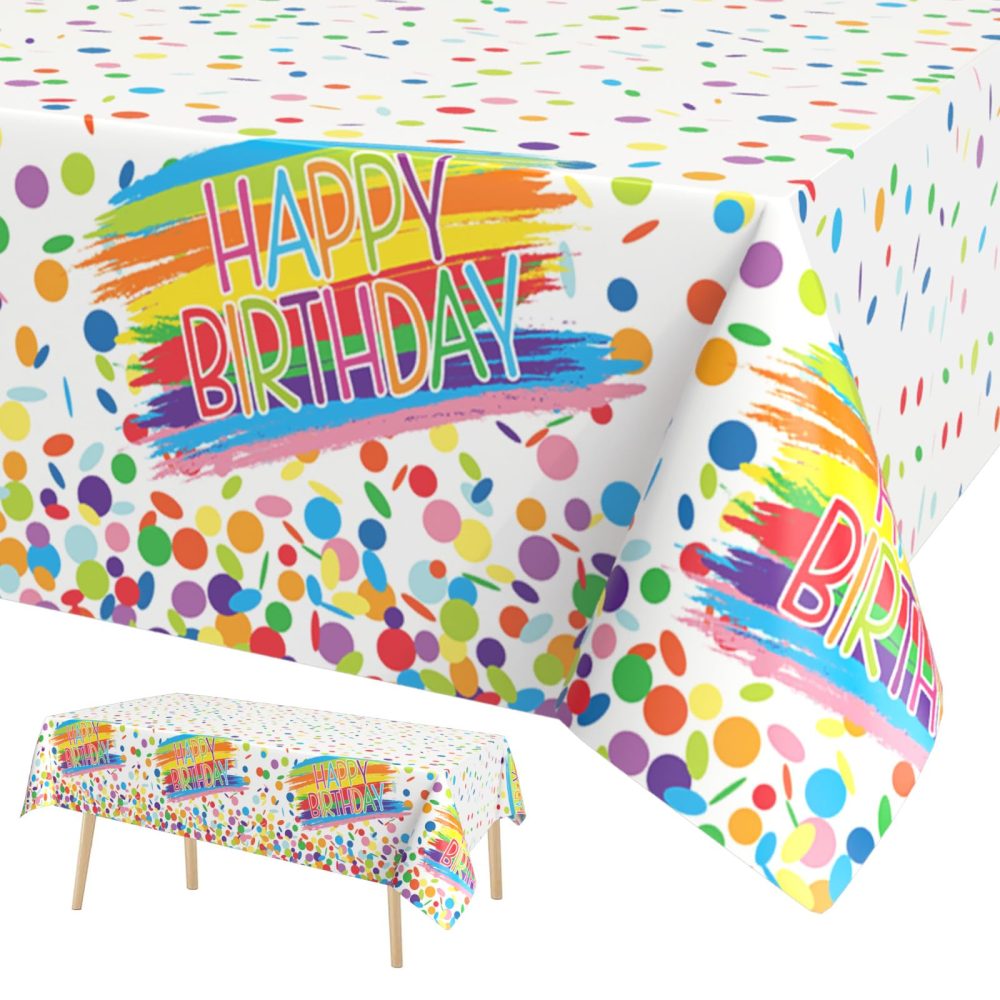 FunHot Birthday Tablecloth, Colorful Birthday Decorations, 54 x 108 Inch Waterproof Rectangle Happy Birthday Table Cover for Baby Shower Boys Girls Women Men Birthday Party Decorations