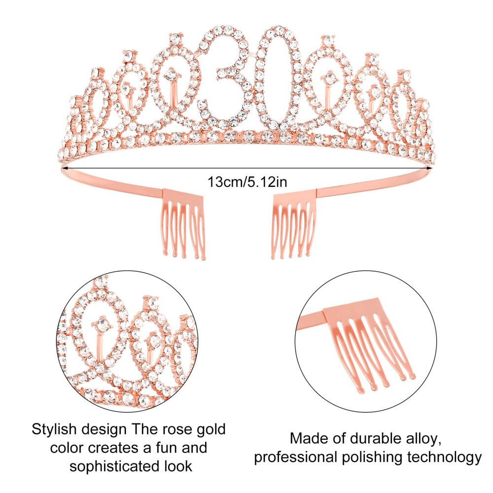 Heyu-Lotus 30th Birthday Sash and Tiara Rose Gold 30 & Fabulous Sash Rhinestone Crown Balloons Birthday Cake Topper for Women 30th Birthday Gift Party Decorations Supplies - Image 7