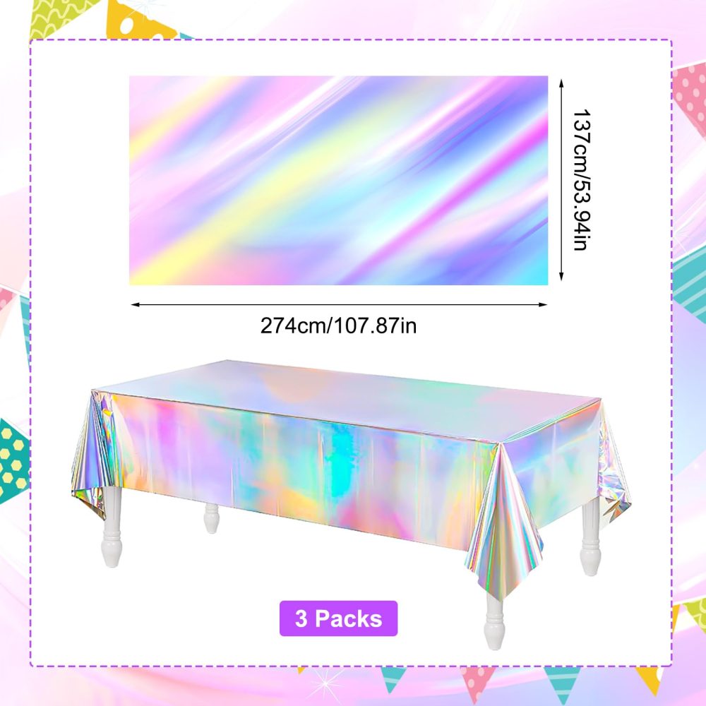 Meng Jiaran 3 Pack Iridescent Party Table Cloths Tablecloth for Mermaid/Birthday Party 54'' x 108'' Rainbow Holographic Rectangle Table Covers for Wedding Christmas Party Decorations - Image 2