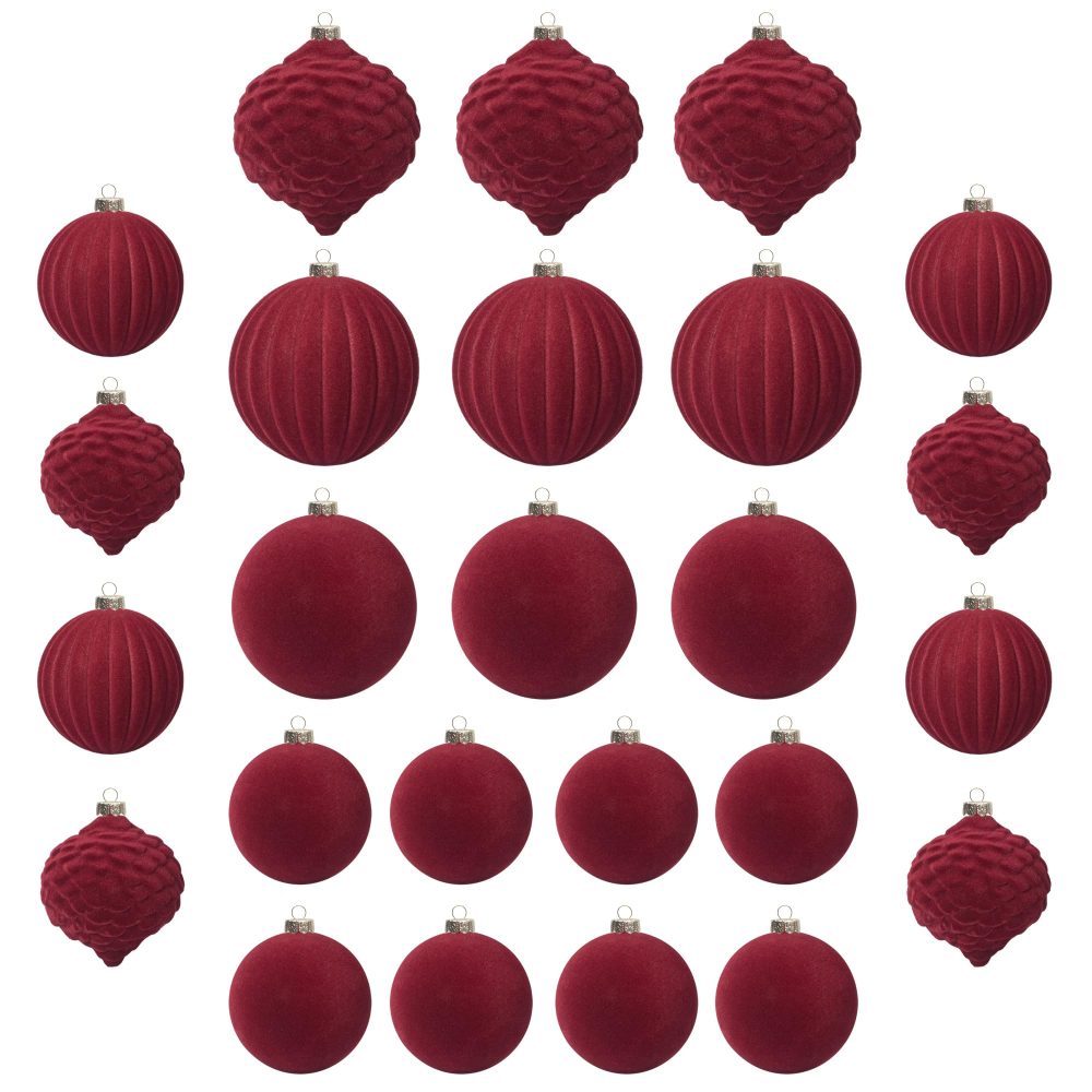 KI Store Velvet Christmas Baubles Red 25pcs Shatterproof Flocked Christmas Tree Ornaments 80mm 60mm Assorted for Xmas Tree Decorations