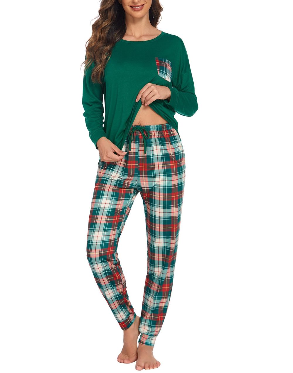 Ekouaer Ladies Plus Size Winter Pjs Fall Colours Plaid Womens Pyjamas Soft Cotton Lounge Set Loungewear, Green Plaid, L - Image 6