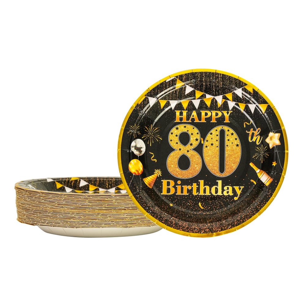AHPYEUHK Birthday Paper Plates 7" Party Cake Dessert Plates Decorations Disposable Tableware Party Supplies (80th Black)