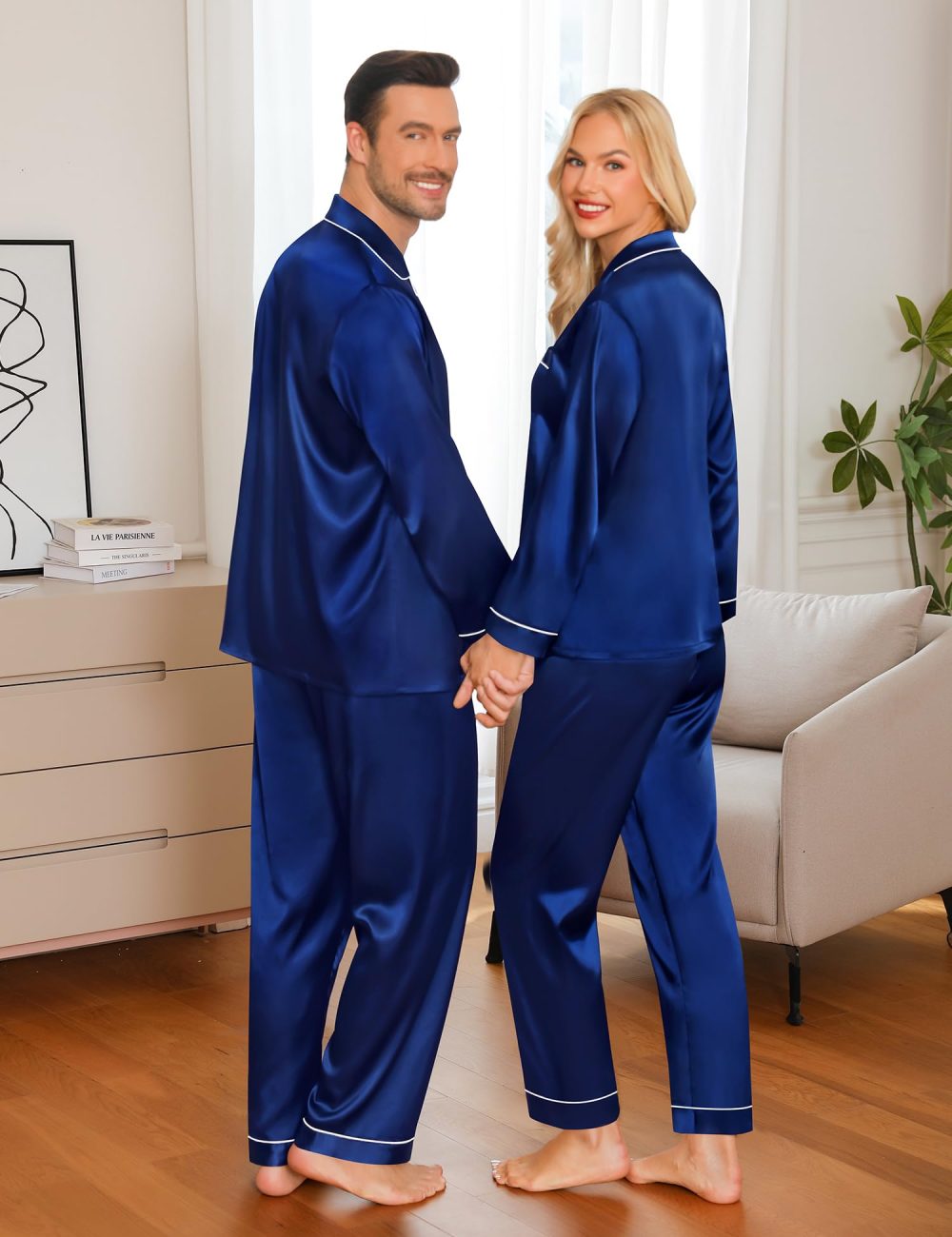 SWOMOG Womens Matching Pyjamas Set Silk Satin Button Down Sleepwear Long Sleeve Nightwear 2 Pcs Pj Set Navy Blue XX-Large - Image 4