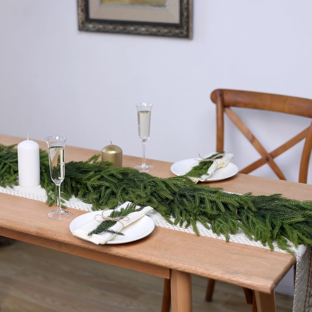 9 FT Real Touch Norfolk Pine Garland Green Artificial Christmas Garland Faux Greenery Garland for Holiday Fireplace Mantle Window Indoor Outdoor Decor (2 PCS) - Image 2