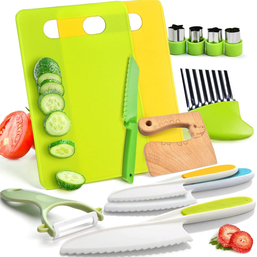 Tyrkuiy 13 Pieces Wooden Kids Kitchen Knifes-Toddler Safe Knives Set for Real Cooking with Plastic Knives/Crinkle Cutter/Kids Cutting Board/Y-Peeler/Fruit Cutters Shapes