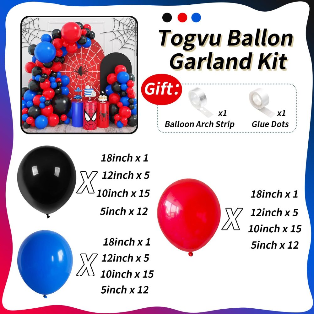 Red Blue Black Balloon Arch Garland Kit, 101 Pcs Matte Red Black and Royal Blue Latex Balloon Garland Kit for Super Spider Hero Party Boys Kids Birthday Baby Shower Graduation Party Decorations - Image 9