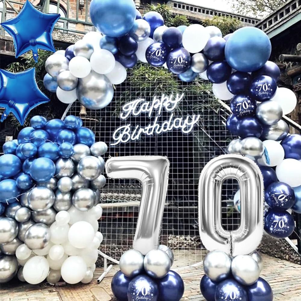 70th Birthday Party Decorations Men,Royal Blue Balloon Arch Kit with Happy Birthday Banner,Cake Topper,Tablecloth,Foil Confetti Balloon,Large Number 70 Balloon,Chrome Blue Silver Balloons - Image 2
