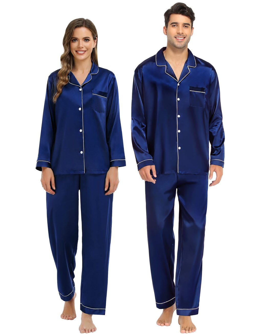 SWOMOG Womens Matching Pyjamas Set Silk Satin Button Down Sleepwear Long Sleeve Nightwear 2 Pcs Pj Set Navy Blue XX-Large