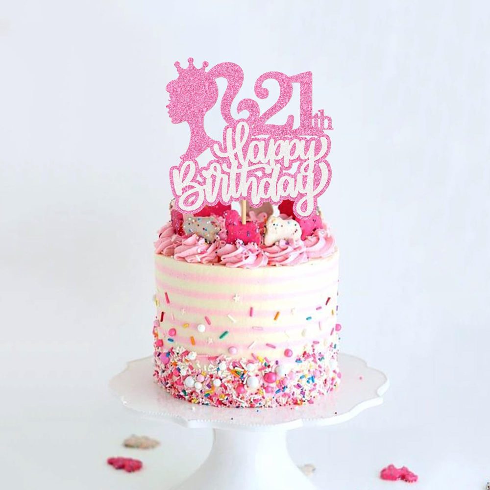 Blumomon 1Pcs Princess Cupcake Toppers Pink Girl Cake Topper Happy 21th Birthday Cake Topper Glitter Happy 21 Cupcake Topper Cheers to Cake Decoration for 21th Birthday Party Decoration Supplies - Image 2