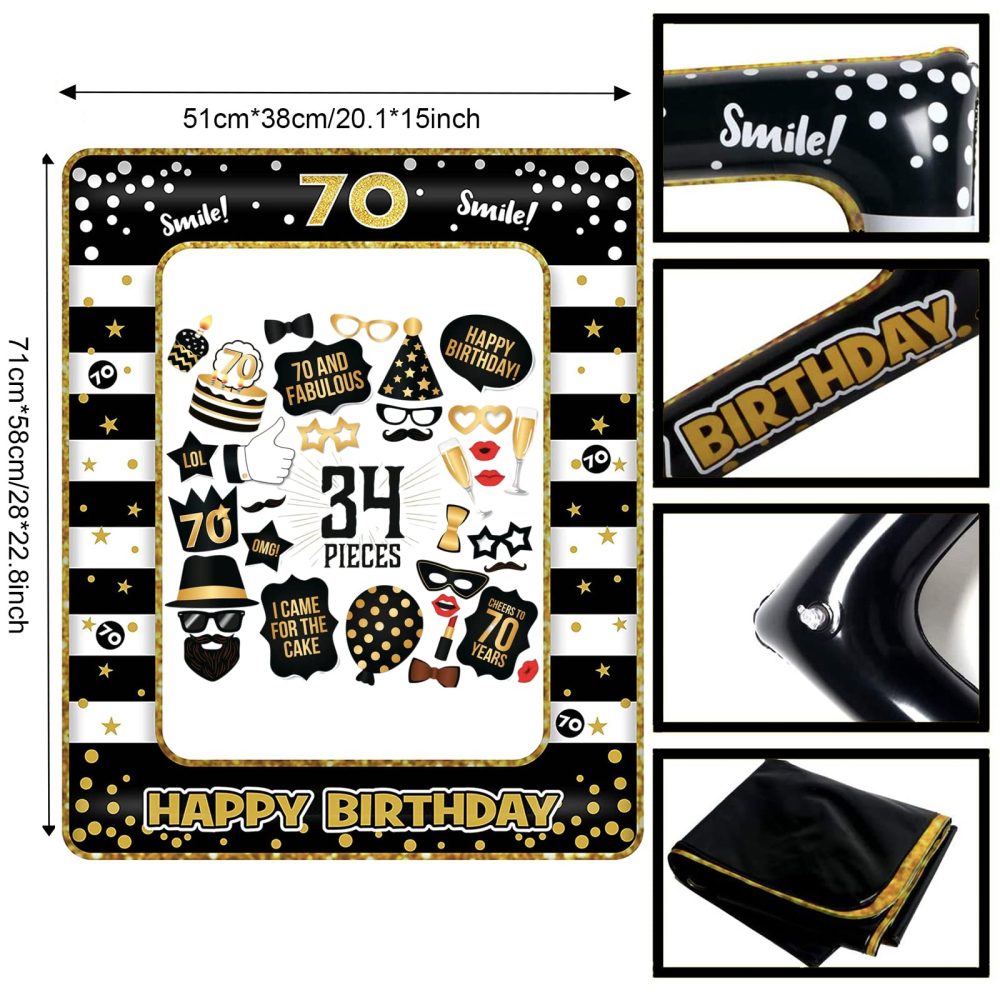 POPOYU 70th Birthday Decorations Men Women,Black Gold Inflatable Selfie Frame&34Pcs 70th Birthday Photo Booth Props,Giant Inflatable Party Photo Booth Frame for 70th Birthday Party Decoration - Image 4