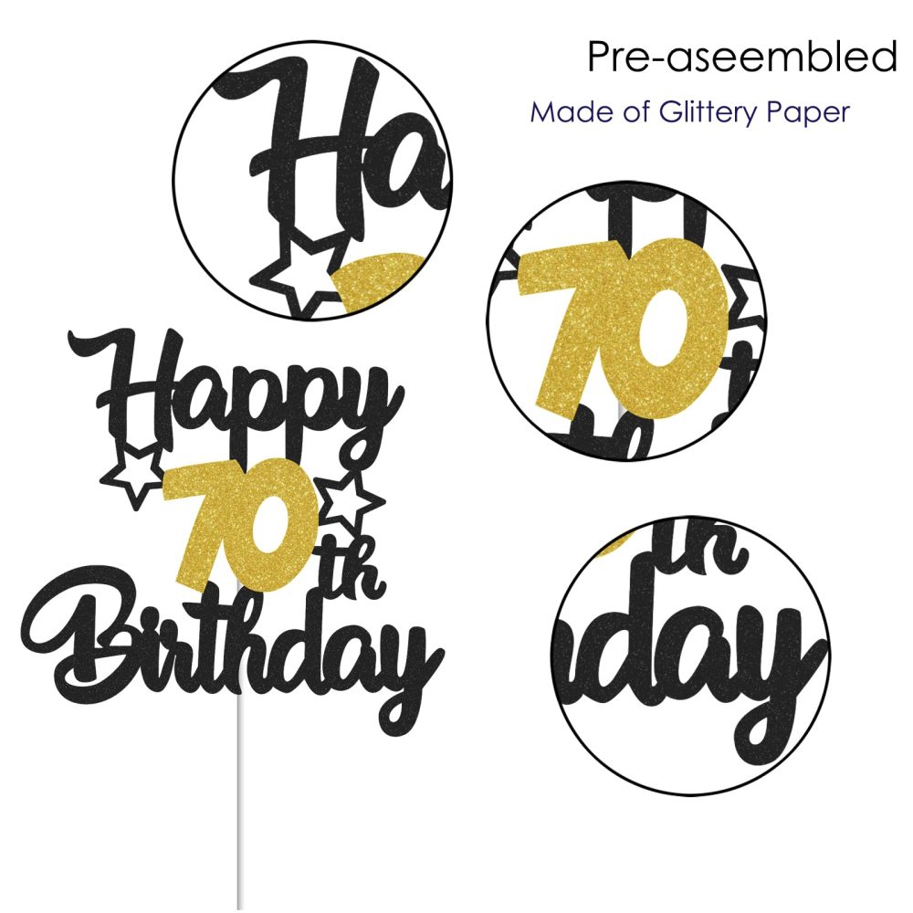 Gidobo 70th Birthday Cake Toppers, Black Gold Glittery Cake Decorations with Stars, Seventy Years Old Birthday Party Supplies for Men and Women - Image 5
