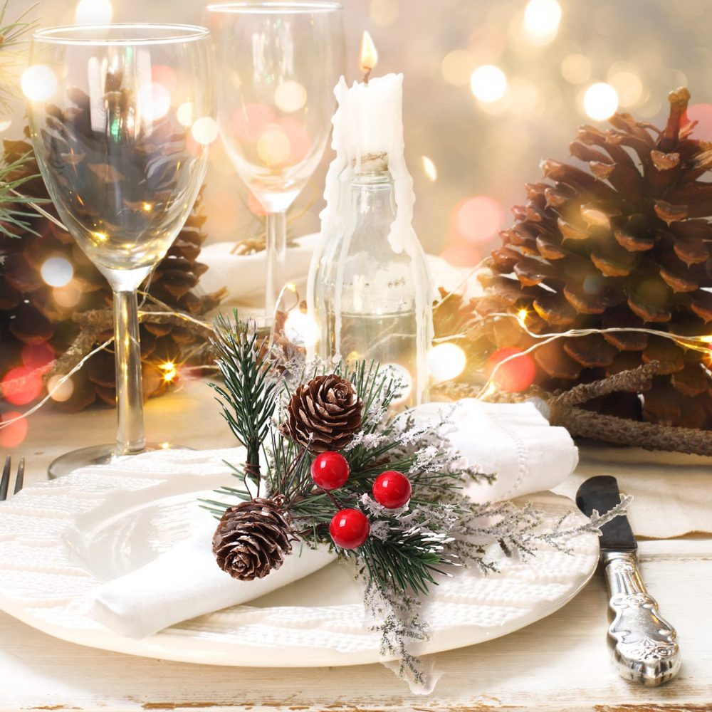 LouisaYork Christmas Napkin Rings Set of 6, Pine Cones Napkin Ring Decor Napkin Ring Holder, Xmas Cedar Red Berry Napkin Ring for Christmas Wedding Party Champagne Bottle Banquet Table Decorations - Image 5