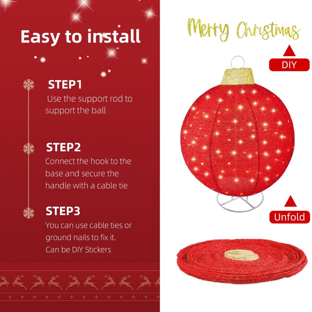 2pc Large Outdoor Christmas Ornament Set - HOYECHI Oversized Christmas Decorations Outside Pop-Up Balls, Light Up Large Balls Holiday Decor with 200 LED Lights,8 Light Functions - Red/Gold - Image 7