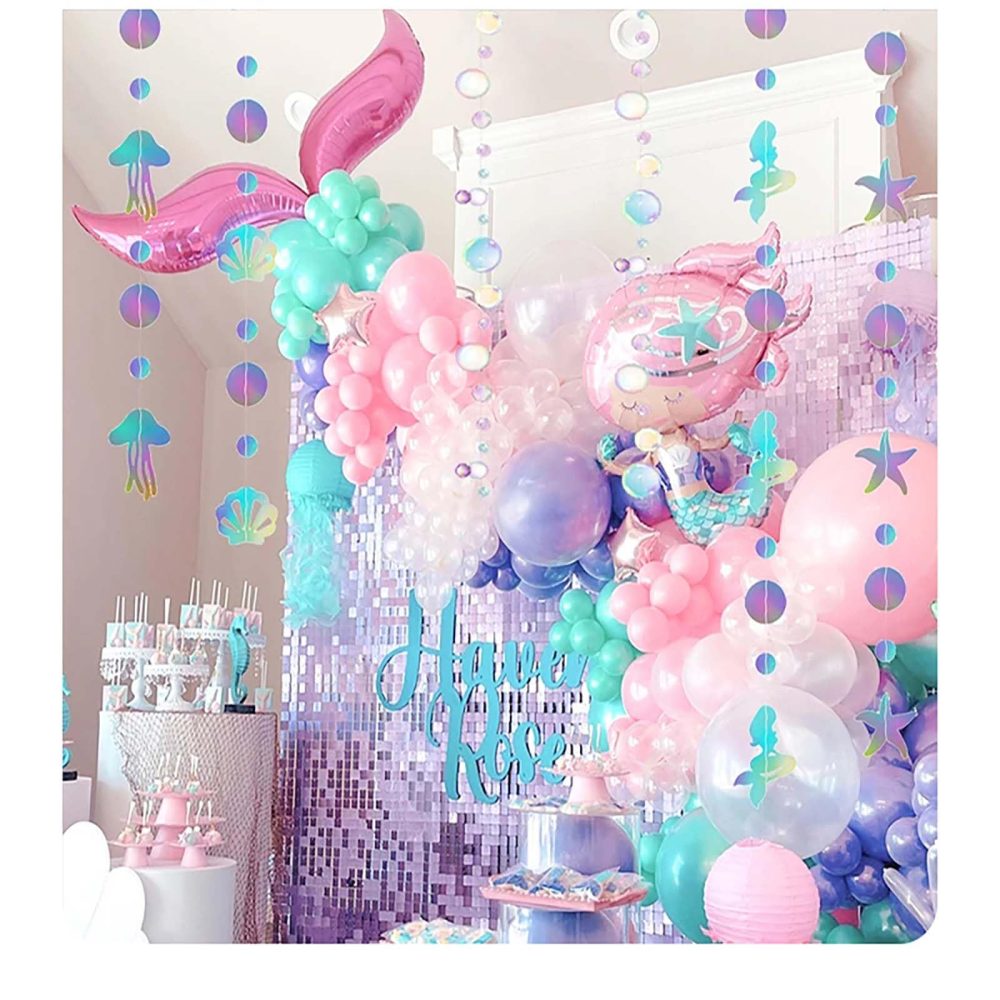 Dinghaole 52Ft Iridescent Mermaid Party Decorations-Bubble Pearl Starfish Seashell Jellyfish Garland-Ocean Under The Sea Theme-Baby Shower Birthday Party Supplies-Holographic Paper Bunting Streamers - Image 6