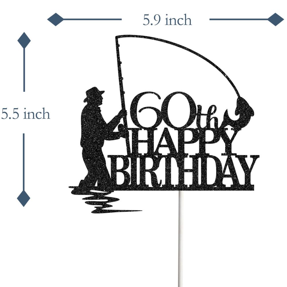 Tenhaisi Black Glitter Happy 60th Birthday Cake Topper, 60th Birthday Party Decorations, Fishing Cake Topper, Fisherman 60th Birthday Party Supplies - Image 7