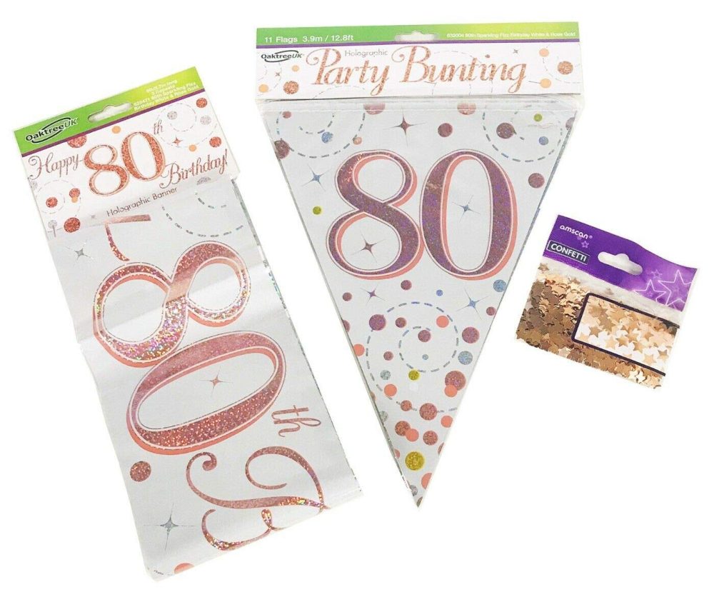 80th Birthday Decoration Kit Age 80 Decorations Banner Bunting Confetti Rose Gold FANCYDRESSCOZ FDC Him Her Men Women