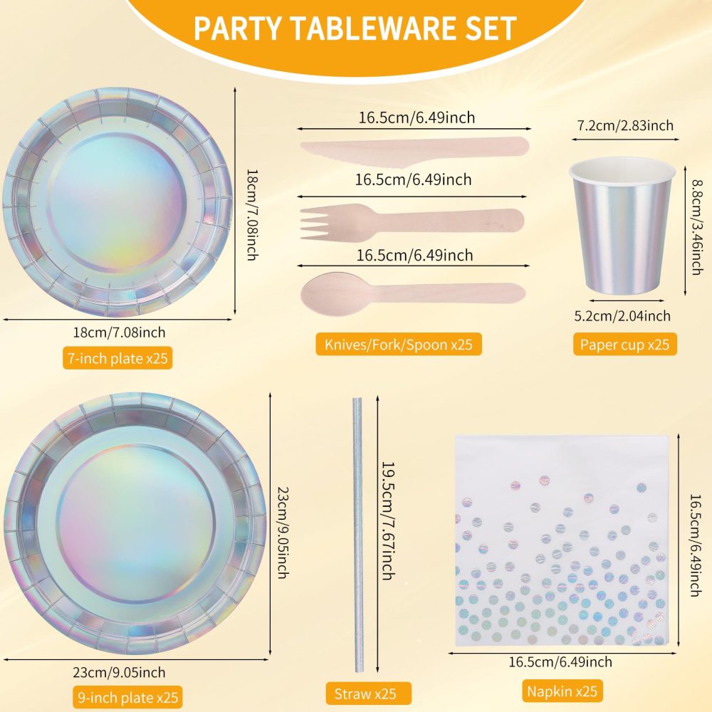 Iridescent Party Supplies Set Serve for 25 Guests, CEILIWEN 200PCS Holographic Paper Plates and Napkins Cup Set, Iridescent Party Tableware Set for Birthday Wedding Party - Image 5